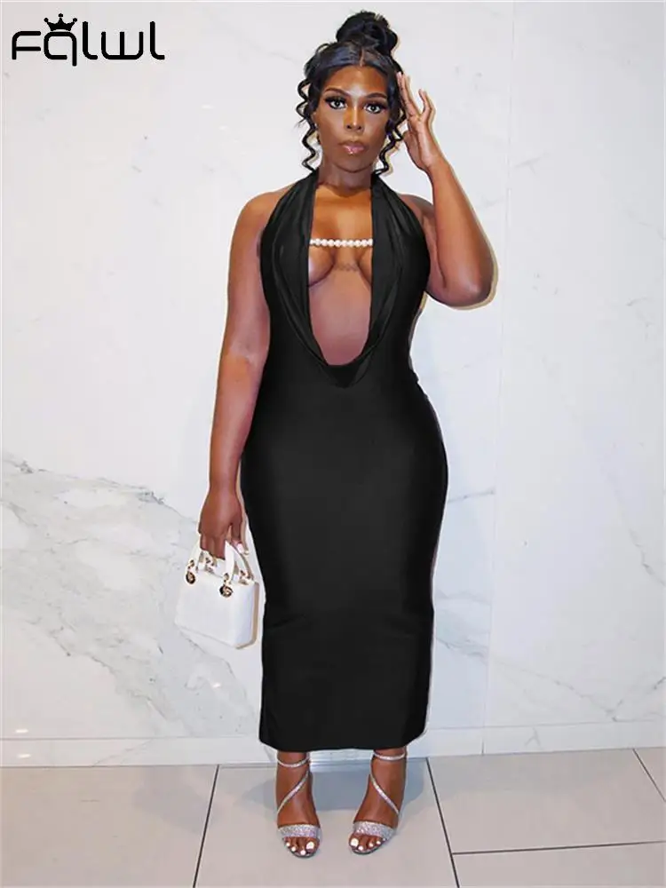 

Habbris Summer Sexy Bodycon Long Dresses Club Outfit For Women 2023 Sleeveless Halter Maxi Dress Black Backless Sexy Dress
