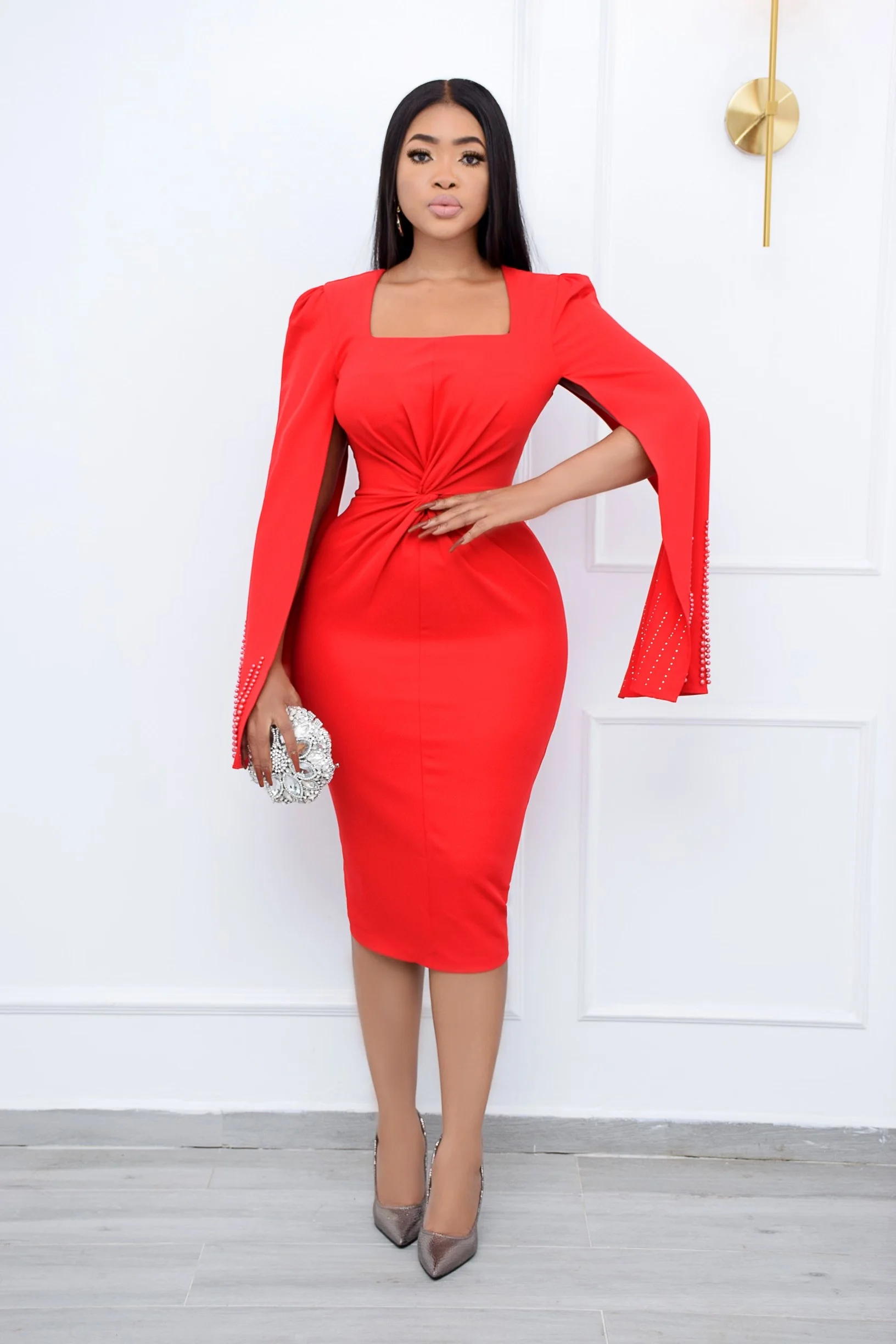 

Autumn Winter Women Fashion Elegant Dress for New Year Sexy Square Neck Cloak Long Sleeve Slim Knee-length Dress Women