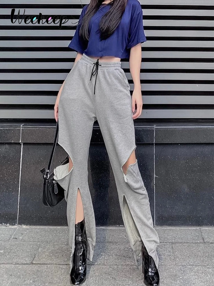 

Weekeep Grey Cut Out Sweatpants Fashion Streetwear Ripped Casual Pants High Waist Skinny Leg Loose Women Trousers Korean Capris