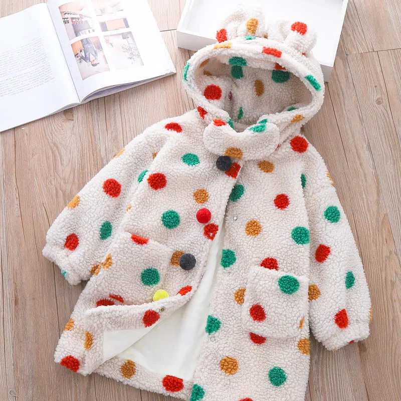 

Girls Polka Dot Thickened Long Coat Autumn Winter 2022 New Children Cashmere Rabbit Ear Hooded Cotton Padded Jacket Christmas