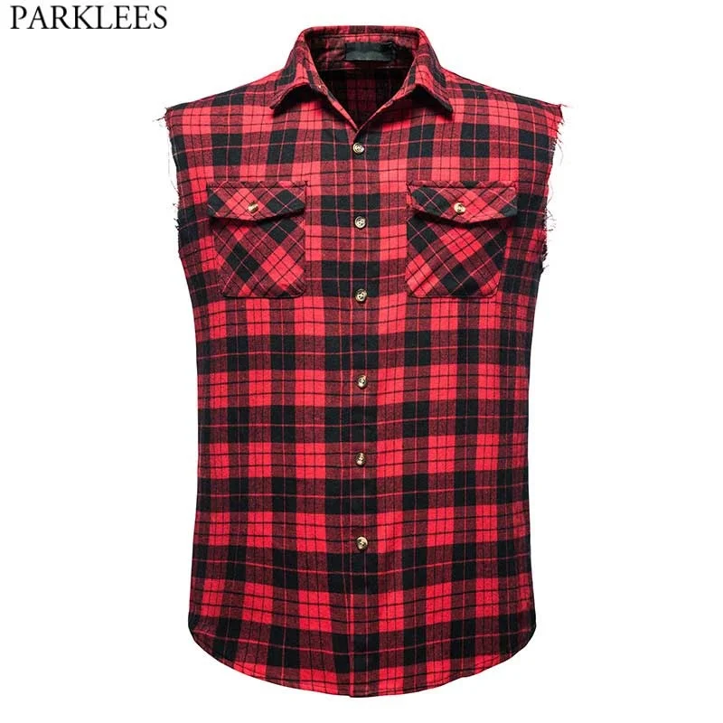 Men's Casual Flannel Plaid Sirt Sleeveless Double Pocket Cowboy Button Down Sirts Men Cotton Plus Size Vest Ceckered Top 2XL