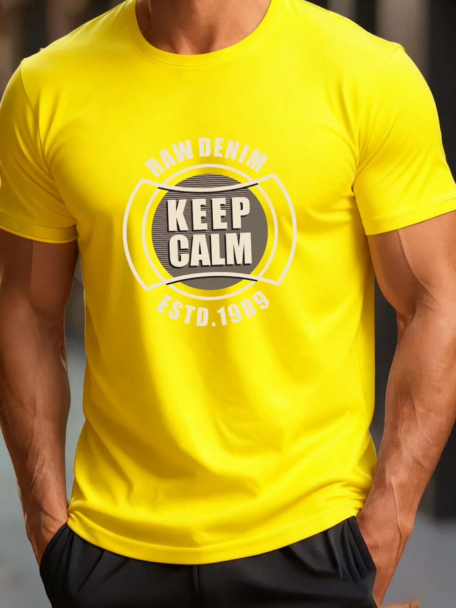 Оранжевая футболка с коротким рукавом и графическим принтом RAW DENIM KEEP CALM ESTD.1989, повседневный мужской модный топ (art.: 3920d3fe66fc3) - 3920d3fe66fc3