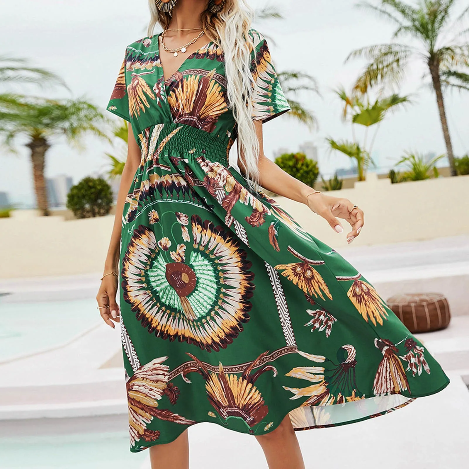 

Bohemian Style Summer A-Line Dress Women Floral Print Casual V-neck Short-sleeved Chiffon Beach Long Robe Vintage Party Dress