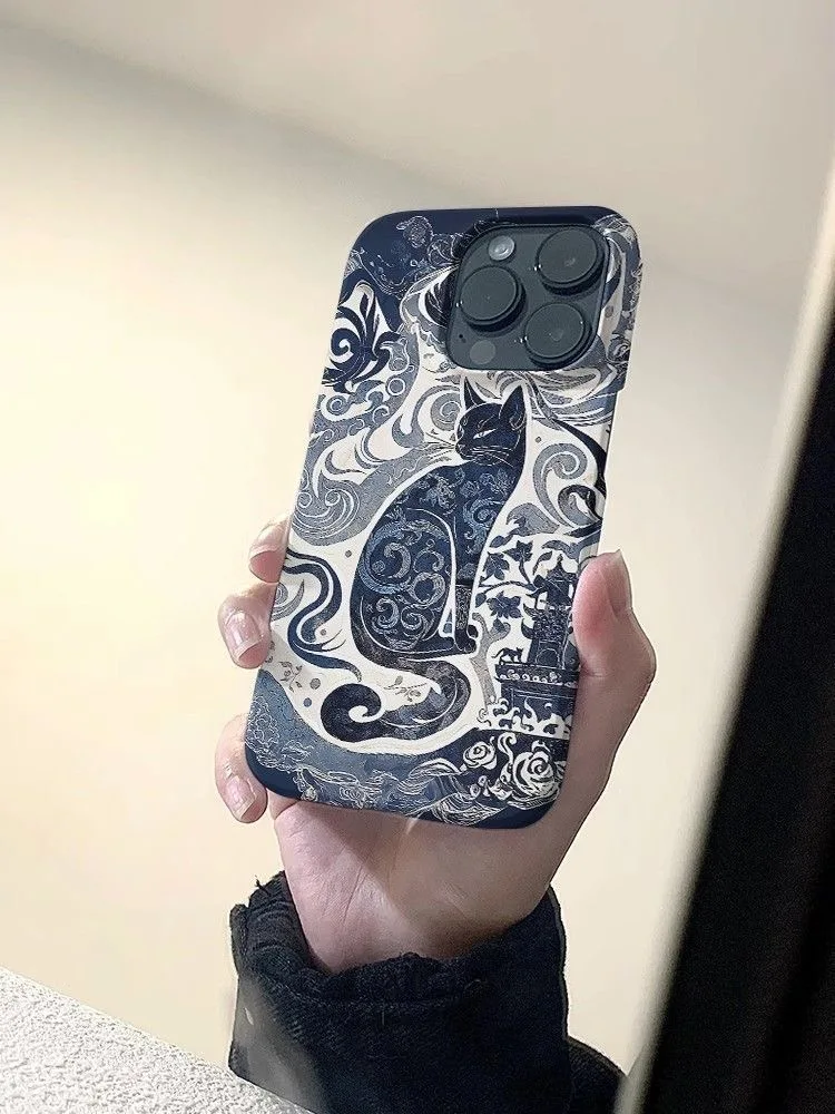 kreatywny INS Cat Totem Ink Tattoo Auspicious Artistic Fashion Etui na telefon iPhone 15 14 11 12 13 Pro Max Plus Back Cover
