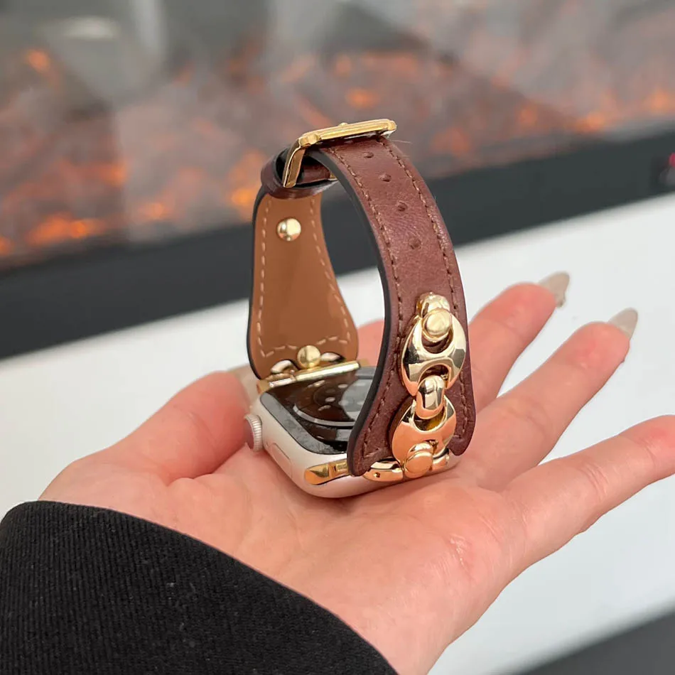 Фото D-образный металлический ремешок с кольцом для Apple Watch Series 11, 10, 9, 8, 7, 6, SE 5 4, UItra iWatch 49/46/45/44/42/41/40/38 мм, роскошный кожаный ремешок №4