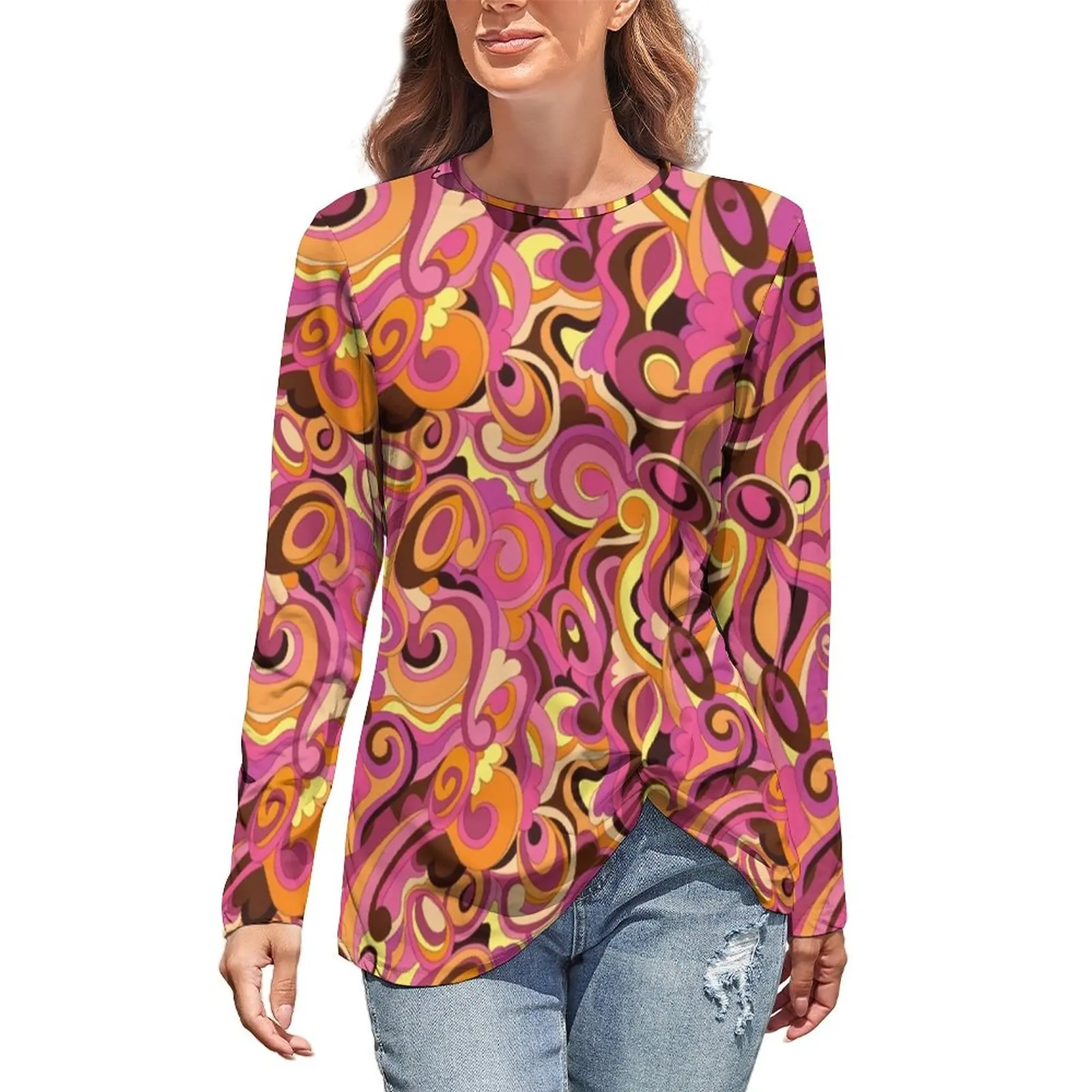 

Psychedelic Dream T-Shirts Colorful Liquid Print Korean Fashion Long Sleeve T-Shirt Retro Tee Shirt Women Tops Big Size 3XL 4XL