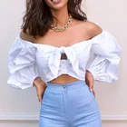 Женский укороченный топ с рукавами-фонариками и открытыми плечами, новинка весны-лета 2022, однотонная блузка с узлом и воротником-лодочкой, женские сексуальные милые блузки