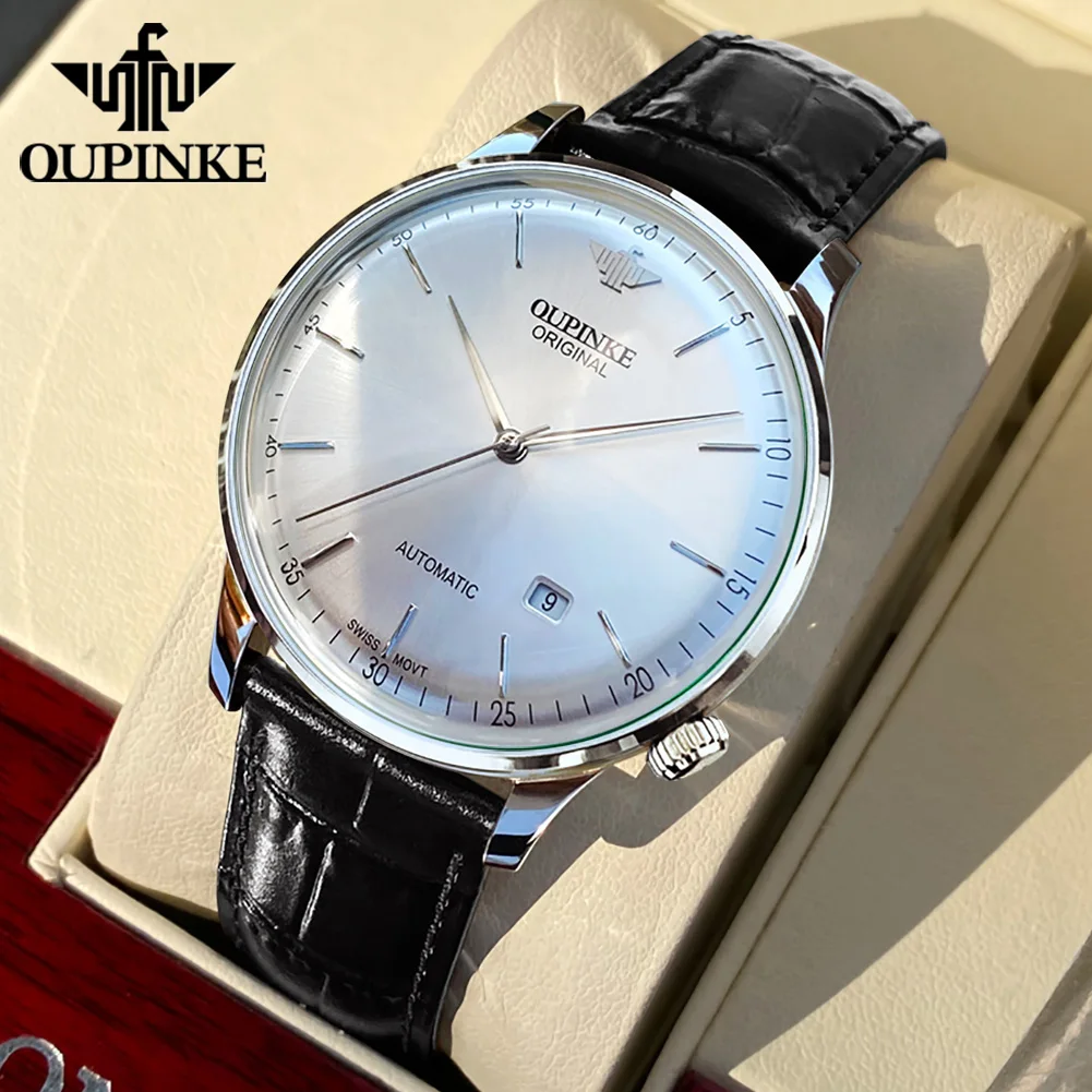 

OUPINKE Original Luxury Ultra Thin Watch Men Automatic Mechanical Slim with Date Brand Leather Wrist Fashion Watches 3269