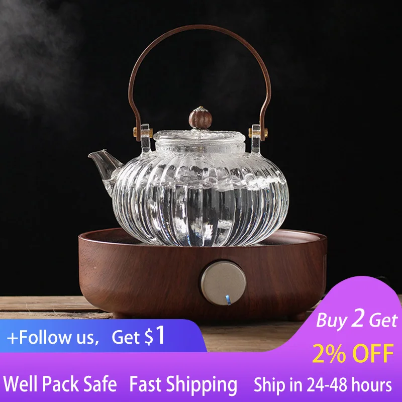 

Glass Teapot Wood Handle Teawear Set Cup Filter Chinese Tea Ceremony High Boron Silicon Transparent Pumpkin Pot 900ML