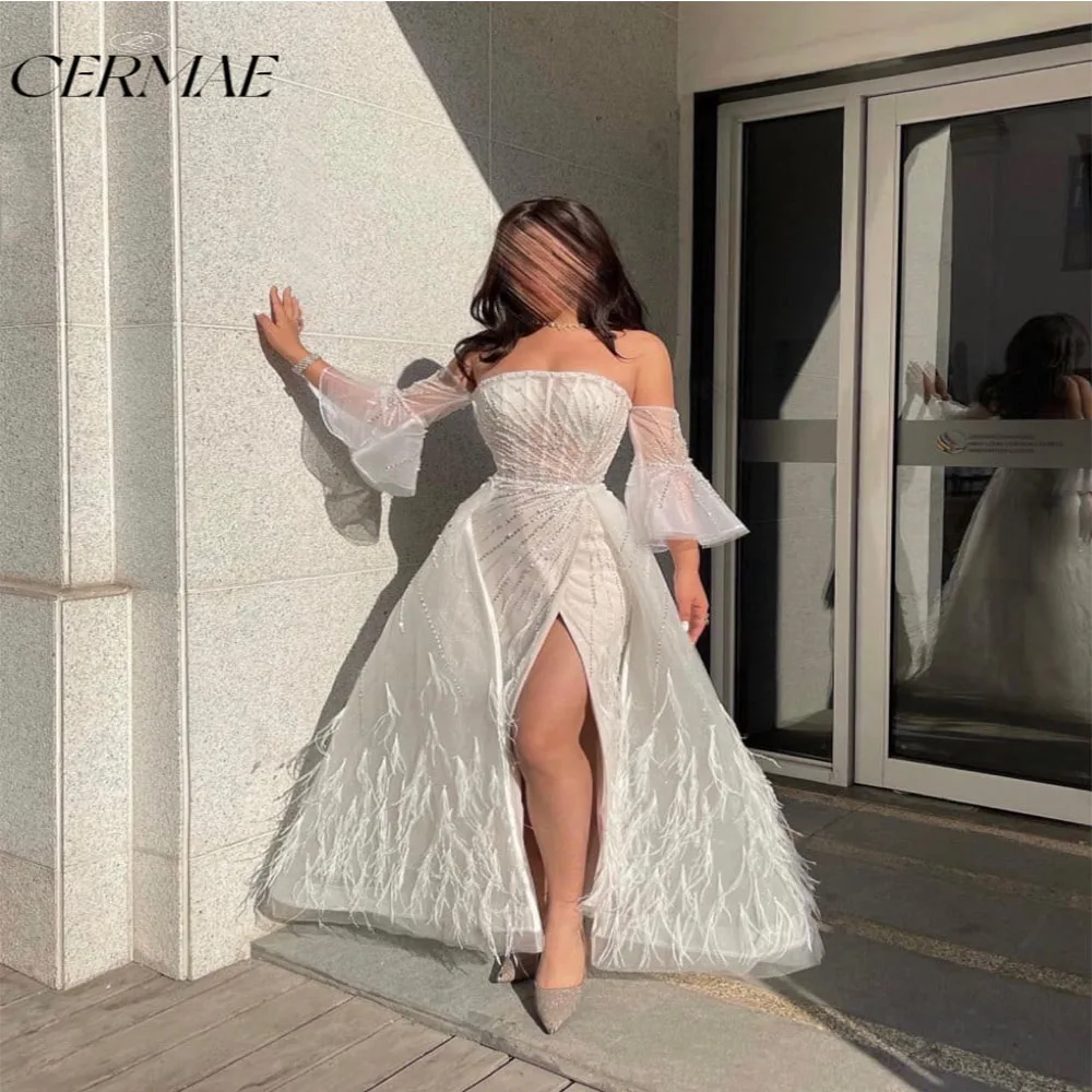 

CERMAE White Tube Top Short Sleeve plume Waisted Slit Elegant Formal Evening Prom Bridesmaid Party Long Dress for Women 2023