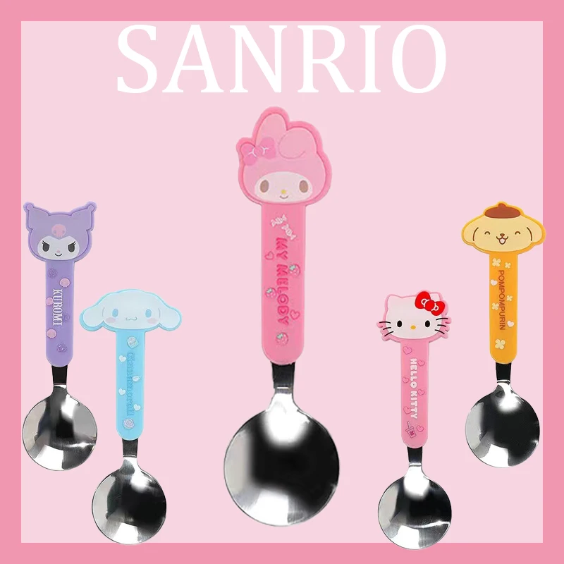 

Столовые приборы Sanrio Cinnamoroll pompurin, милые Мультяшные столовые приборы Kuromi My Melody, ложка, студенческие портативные пластиковые приборы
