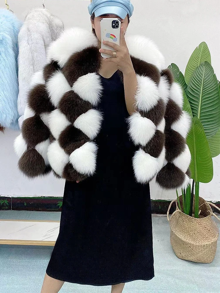 

2022 Plaid Checkerboard Pattern Winter Women Real Fox Fur Coat Luxury Short Ladies Natural Fur Jacket Female Streetwear