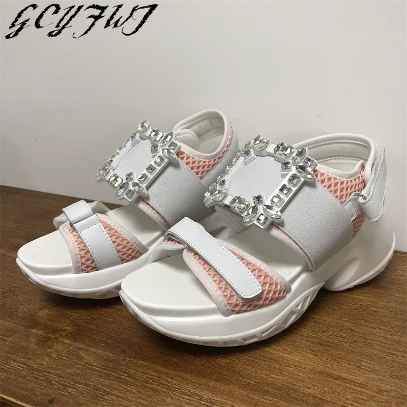 Fashion Crystal Women's Shoes Thick Platform Round Toe Breathable Peep Toe Female Sandals Party Non-Slip Sexy Ladies Footwear