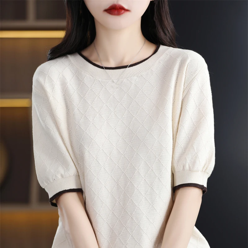 Женский свитер с круглым вырезом и коротким рукавом блузка однотонный