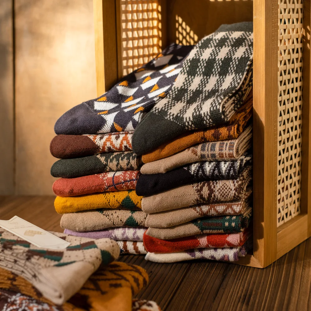 Spring socks Double Needle Socks Whom Pure Cotton Absorb Sweat Diamond Lattice Restoring Ancient Ways Stockings Heap Heap Socks