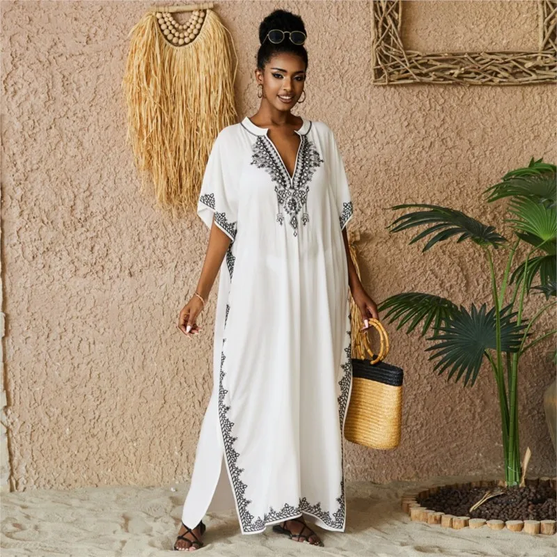 

White Loose Vacation Beach Dress Women Fashion Summer Cotton Bikini Cover Up Swimsuit Oversized Slit Long Maxi Dress Robe 2023