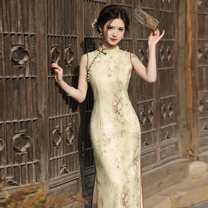 Женское Двуслойное платье-Ципао без рукавов Элегантное Длинное Платье в стиле