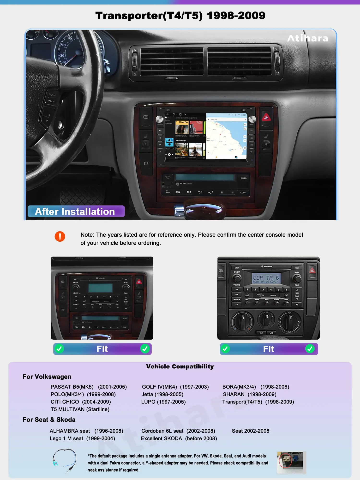 Atihara 7-дюймовый Android автомобильный радиоприемник для VW Transport (T4/T5) 1998-2009 Carplay Auto 2Din 4G
