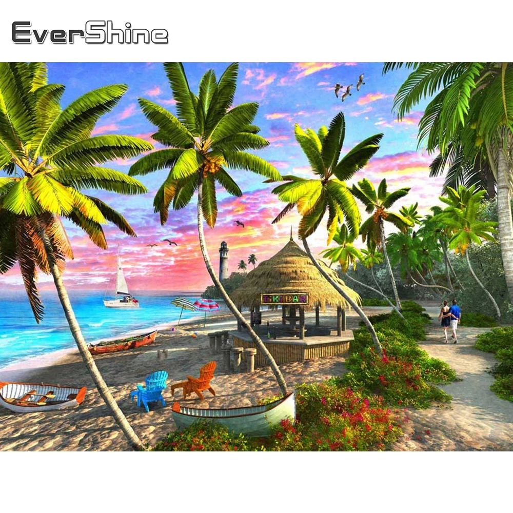 

EverShine 5д алмазная вышивка приморский пляж полная площадь алмазная мозаика заход солнца картина стразами пейзаж живопись кокосовая пальма декор для дома