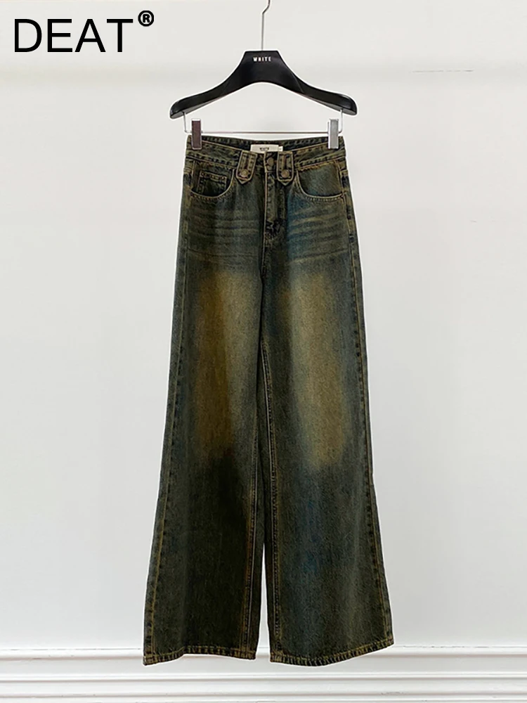 

Женские джинсы с высокой талией DEAT, свободные прямые широкие брюки полной длины из денима в стиле ретро, стирка, осень 2023, 29L3337