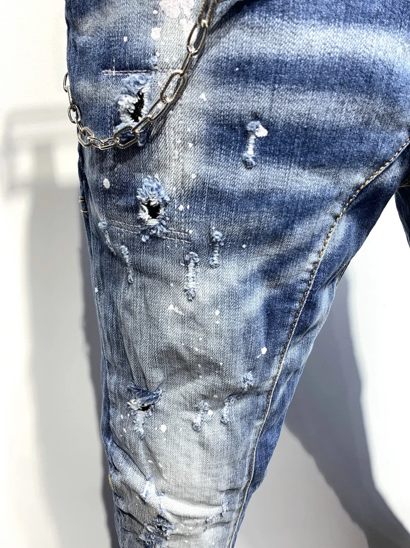 New Men's Dsquared2 Buttons Jeans Ripped For Male Skinny  Pants Men's Denim Trousers Top Quality Slim Jeans A361