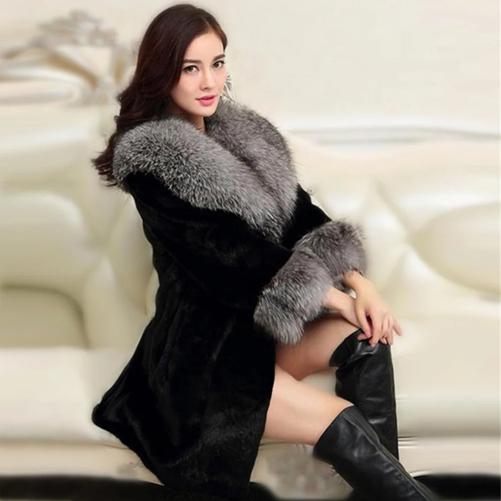 ICCLEK Imitation mink length coat women's autumn and winter fashion fox fur collar top women's slim large imitation fur coat