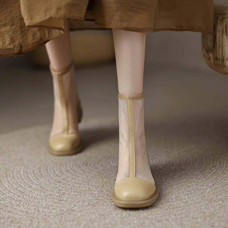 

22 Comfort Boots Women Summer Thin Breathable Mesh Sandals Hollow Mesh Boots Chunky Heel Mid Heel Square Toe Booties