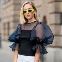 blouse round neck sexy see through tulle lantern sleeves casual all match shirt top 2022 fashion new office ladies top summer