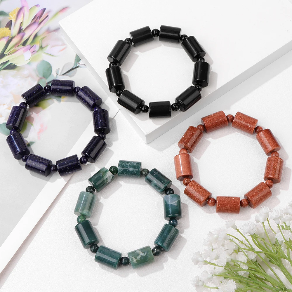 

Rectangle Bar Natural Agates Beads Bracelet Large Cylindrical Shape Stone Stretch Bracelet Lapis Lazuli Sandstone Bangle Jewelry