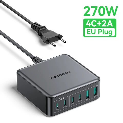 Зарядное Устройство Rocoren GaN 200 Вт PD Быстрое Зарядное Устройство USB Type C 270 Вт USBC-станция 6-в-1 Для iPhone 16/15 P...