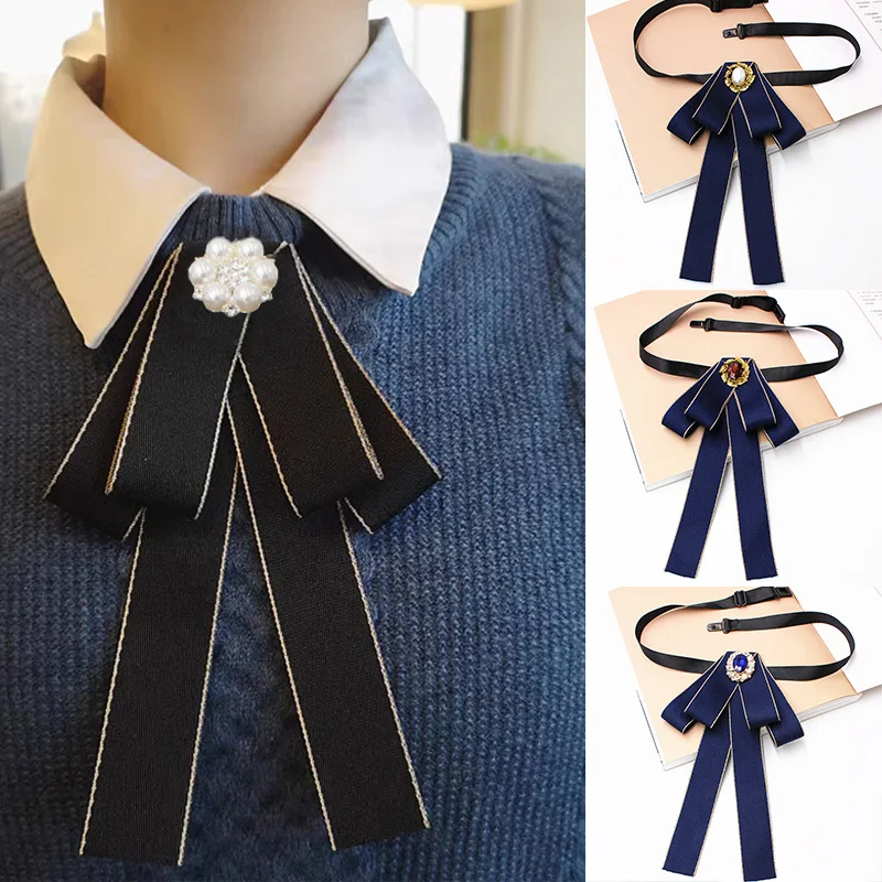 

Rhinestone Bow Tie Women Knot Ribbon Bowtie College Shirt Double Layer Gorgeous Vintage Collar Pin Gift Men Sweater Accessories