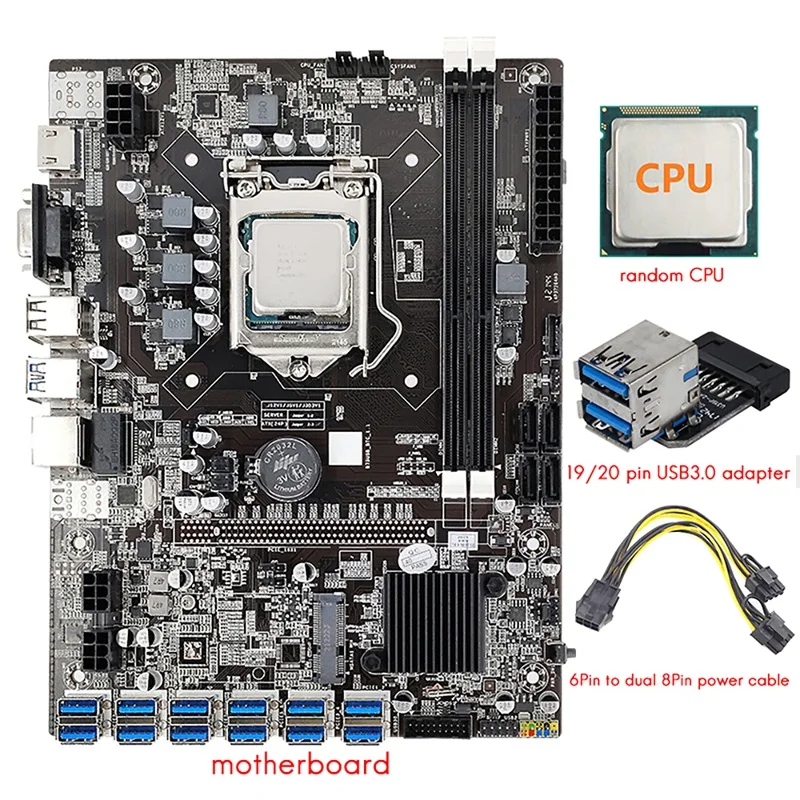 

B75 12 GPU BTC Mining Motherboard+CPU+Power Cable+USB3.0 Adapter 12X USB3.0 To PCIE Slot LGA1155 DDR3 SATA3.0 ETH Miner