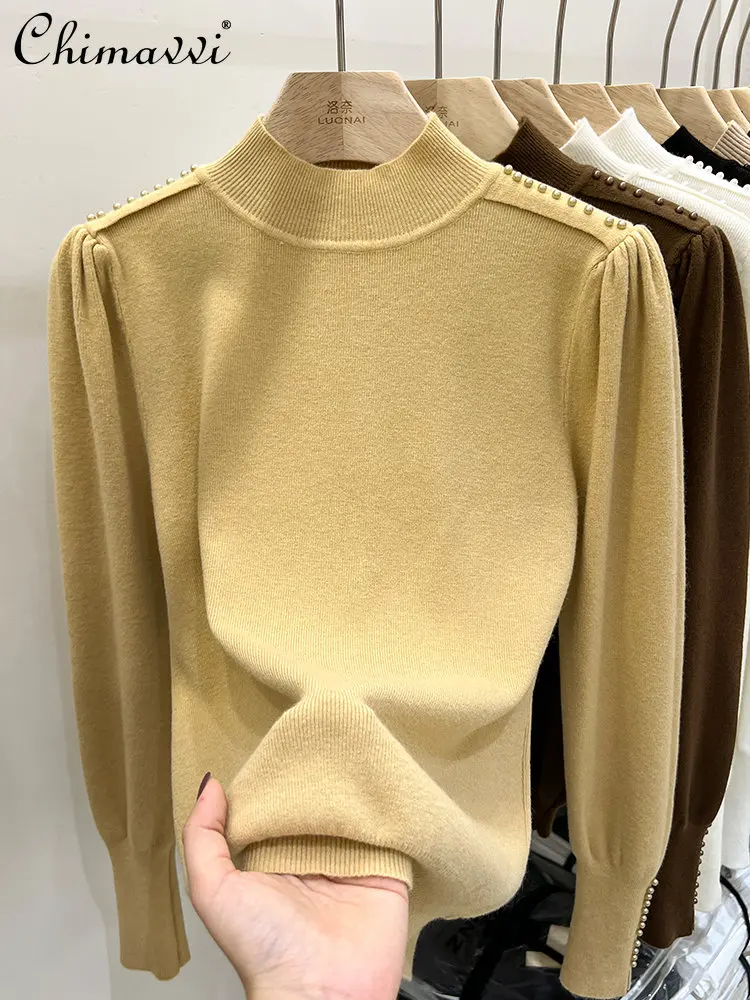 

Women's Turtleneck Sweater Thickened 2022 Autumn Winter New Fashion Heavy Industry Beads Chic Pullover Knitted Top Inner Wear