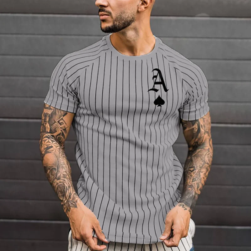 Summer New Fashion Men's Solid Color Striped Spades Card Pattern Casual Street Short Sleeve Round Neck Oversized Men's T-Shirt
