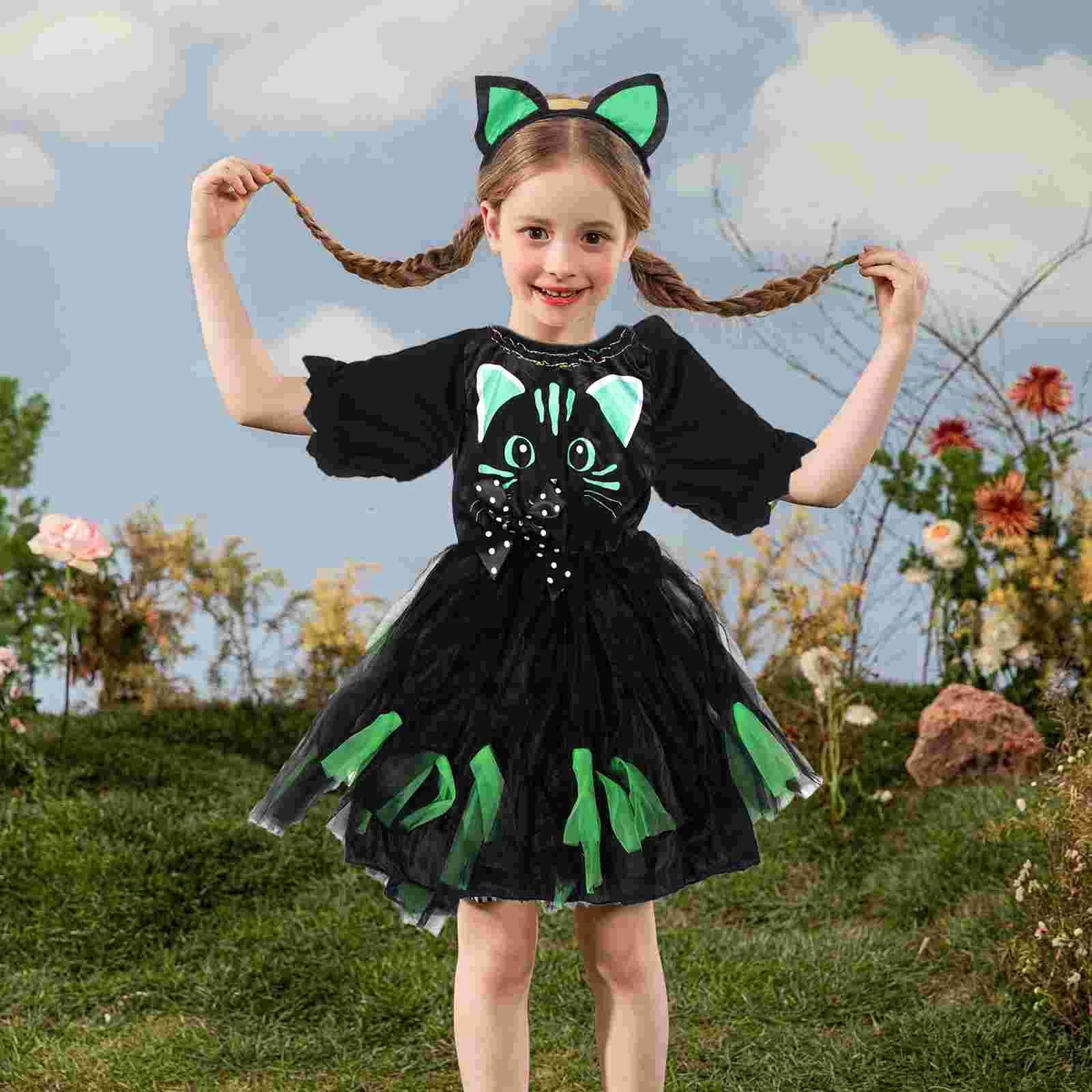 

Наряды для девочек, костюм кошки, детское платье на Хэллоуин, костюмы, повязка на голову из ткани