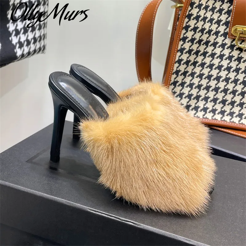 

Слитные женские летние шлепанцы из меха норки с круглым носком на высоком каблуке-шпильке модные вечерние шлепанцы на высоком каблуке