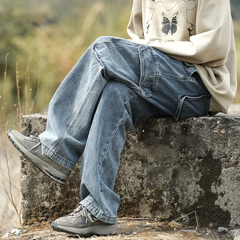 Streetwear Men Vintage Baggy Wide Leg Cargo Pants Versatile Temperament Mopping The Floor Straight Cylinder Jeans Winter Female