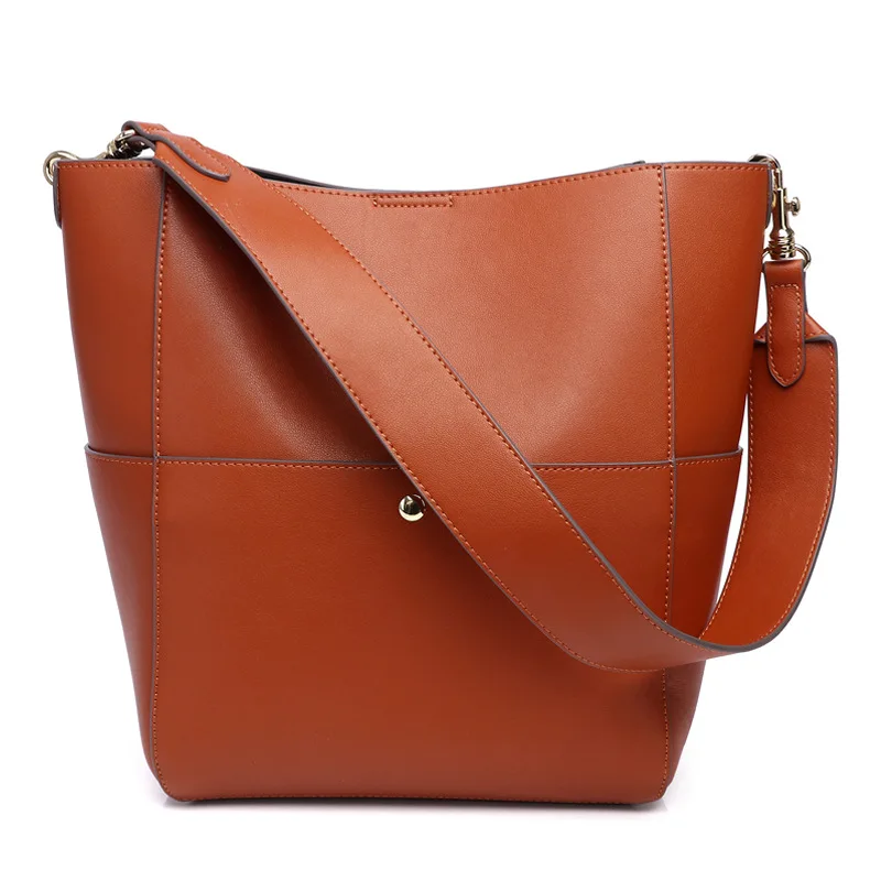 Cowhide Tote Women's Bags Classic Fashion Bucket Female Handbags 100% Genuine Leather Shoulder Crossbody Bag Wide Straps Buckle