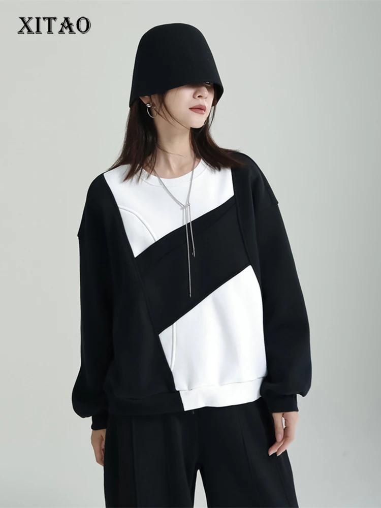 

XITAO Contrast Color Sweatshirts Patchwork O-neck Pullover Personality Design Sense Loose All-match Fashion 2022 Winter FBB1482