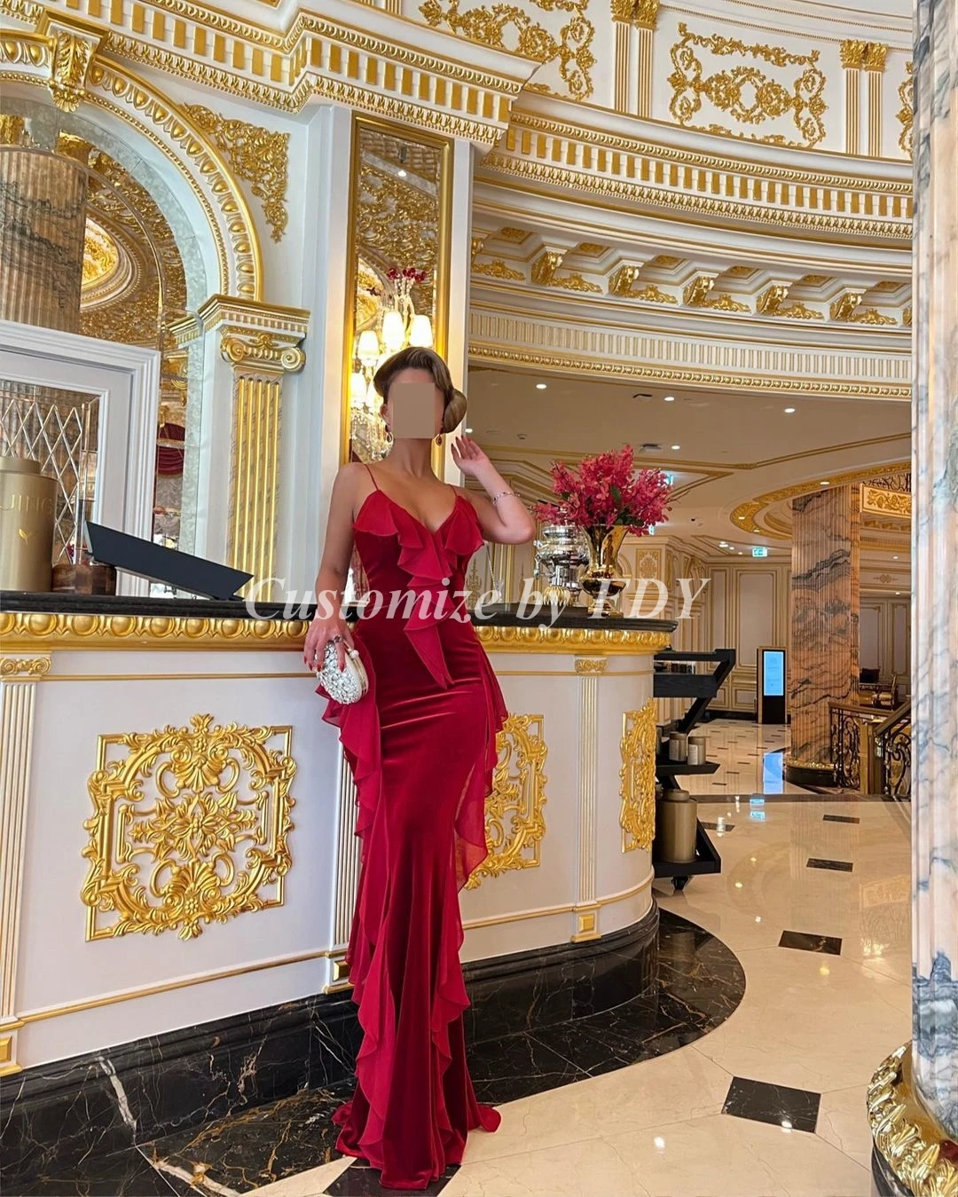 

FDY Store Mermaid Dark Red Velvet Prom Dresses V Neck Saudi Arabic Women Prom Gowns Formal Party Dress