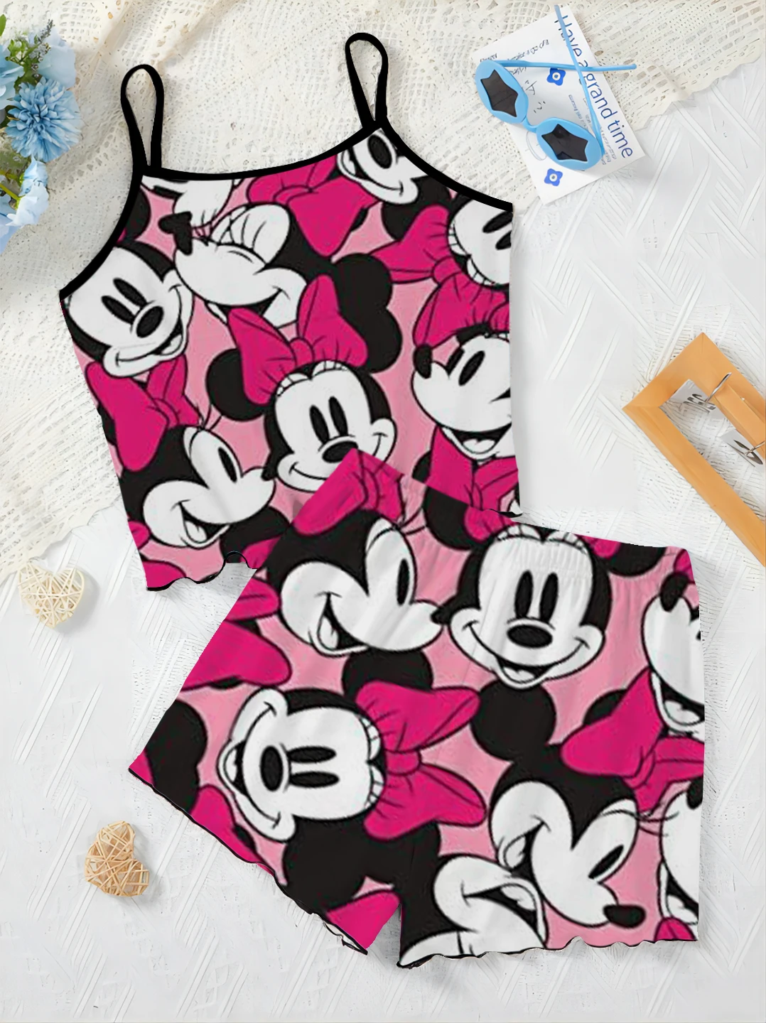 Ensemble haut et t-shirt Disney pour femme jupe pyjama laitue trempée Minnie Mouse de garniture ensembles courts robe