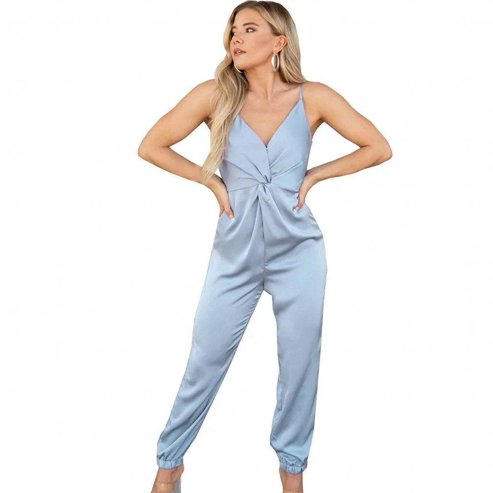 

2022 Summer Women Jumpsuits Light Blue Spaghetti Strap Romper Slim Suspender One-piece Outfits Fashion Satin Jumpsuit Playsuits