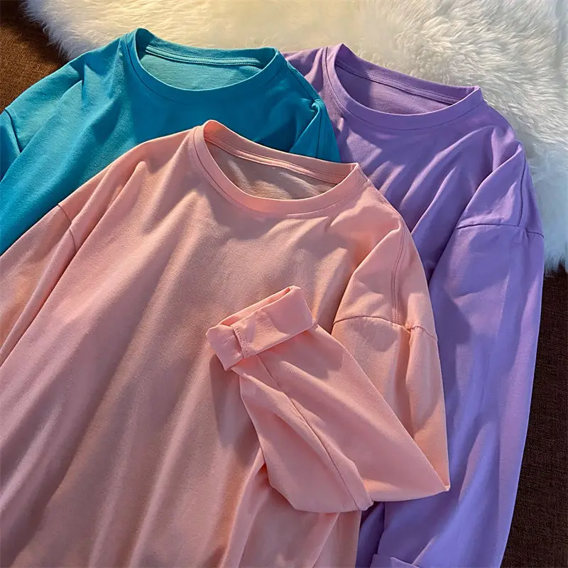 

O-neck Women T-shirts Long Sleeve Korean Style Girl Loose Tops Pure Cotton Trendy Brand Unisex Solid Color Tees Female Clothing