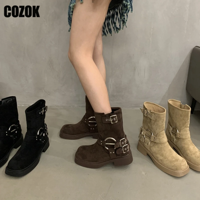 

Flock Western Cowboy Boots Women 2023 New Thick Bottom Ladies Buckle Autumn Winter Female Shoes Thick Sole Platform Goth Knight