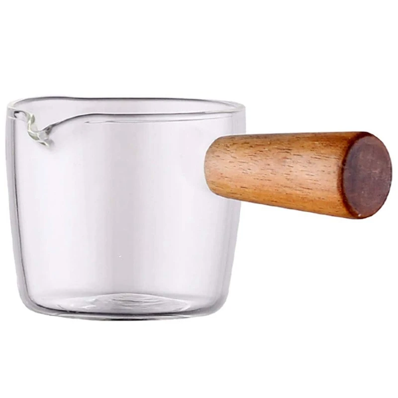 

HOT Glass Milk Cup Jug With Wood Handle 3-Ounce Milk And Cream Pitcher Shot Glasses For Coffee Tea Or Maple Syrup Serving