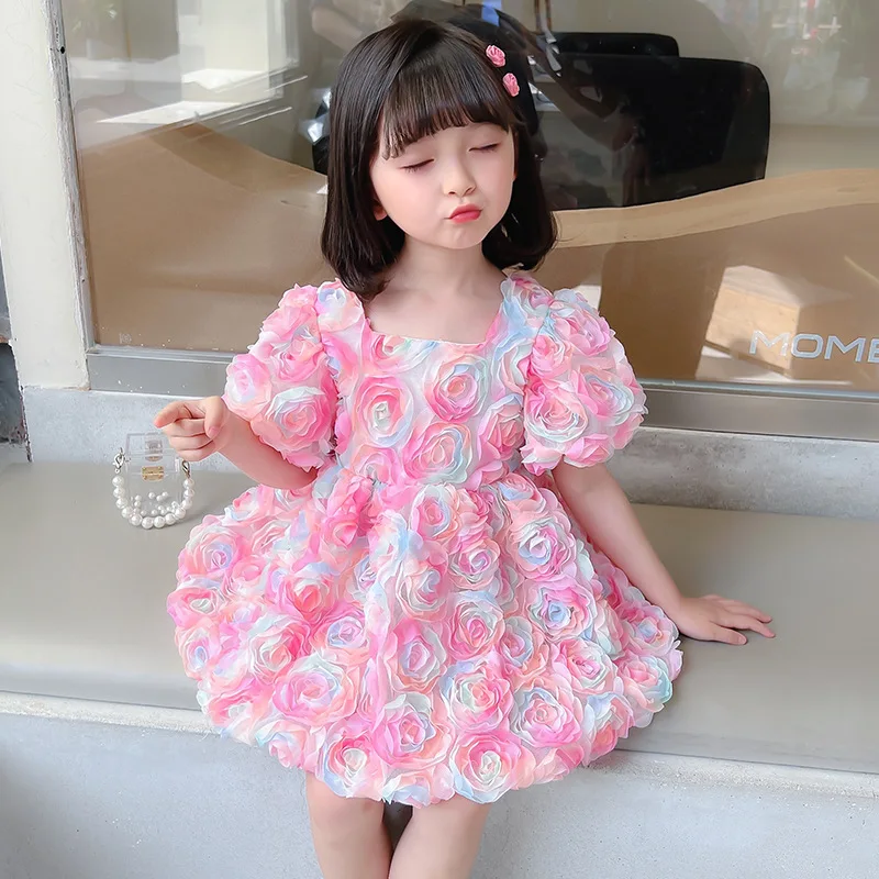 

Платье для девочек с трехмерными цветами, Новинка лета 2022, детское платье, милое платье принцессы с пузырьковыми рукавами, детская одежда