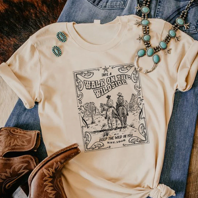 

VIP HJN Walk Wildside Graphic Tee Western Desert Retro T-Shirt Country Cowgirl Vintage Boho T Shirt Ladies Cotton Loose Cute Top
