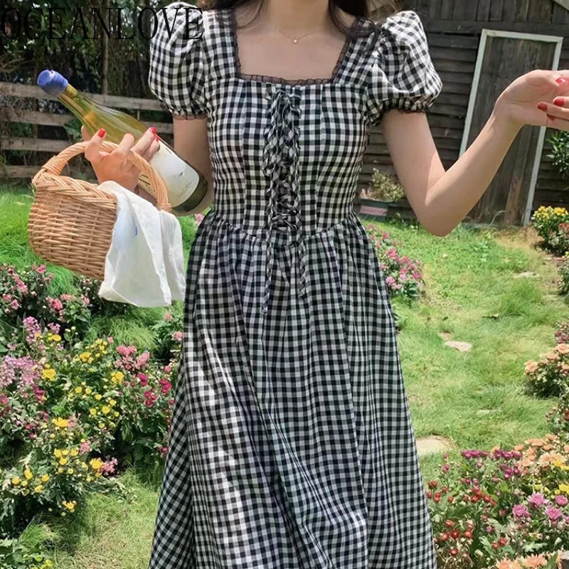 

Женские платья в клетку с пышными рукавами, весенне-летние винтажные платья, женские модные кружевные милые длинные платья в Корейском стиле