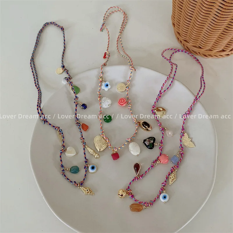 

2023 New Colored Stone Ceramic Pendant Necklace French Elegant National Wind Color Rope Collarbone Chain Collars Jewelry Women