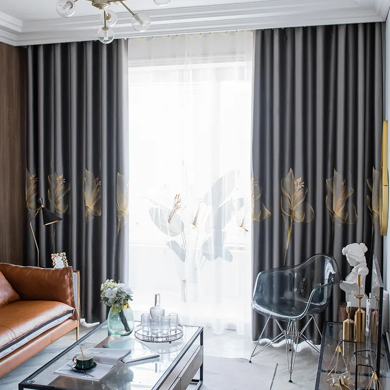 

Plain Light Luxury Embroidery Curtains for Living Dining Room Bedroom Tribute Satin Solid Color High Blackout Thickened Curtains